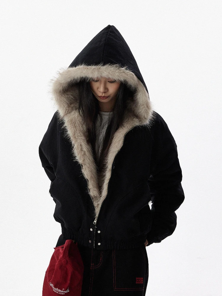 

Y2k Punk Gothic Parkas Hooded Long Sleeve Zipper Solid Color Warm Thicke Jackets Winter American Vintage 2025 Women's Clothing
