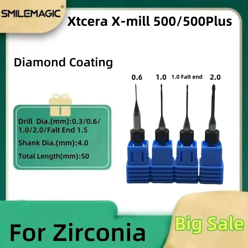 XTCERA 500 Dental Milling Burs Grinding Zirconia D3 Shank DC Diamond Coating 50mm Length 2.0/1.0/0.6mm /0.3 Dental Grinding Tool