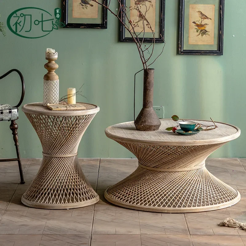 Japanese Style Small Apartment Living Room Round Table B&B Hotel Lobby Table Modern Simple Rattan Small Coffee Table