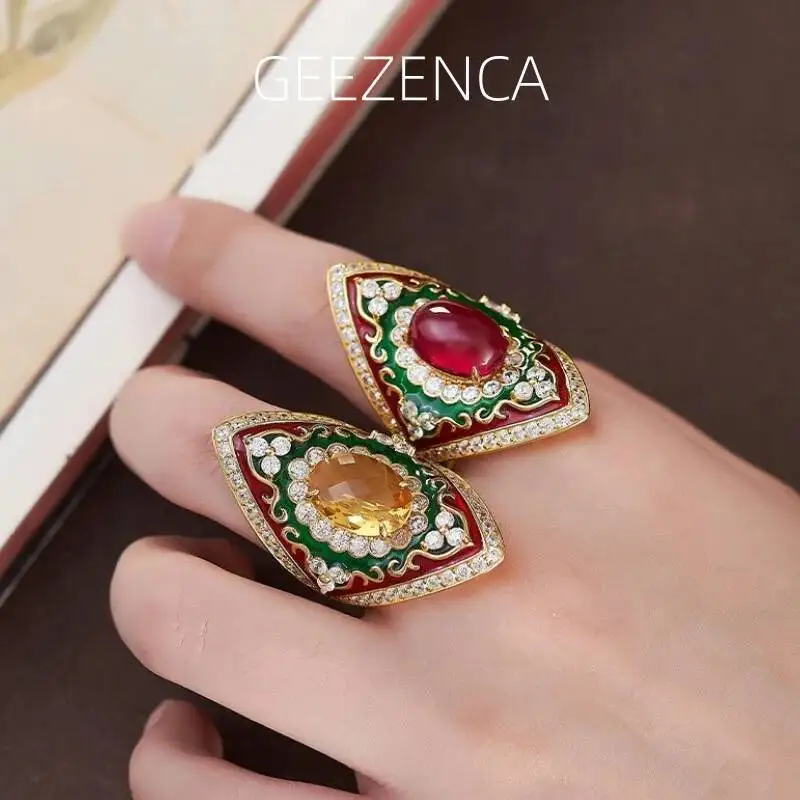 GEEZENCA 925 Silver 18K Gold Oval Corundum Citrine Open Ring For Women CZ Enamel Wide Chunky Luxurious Statement Rings Gift Her