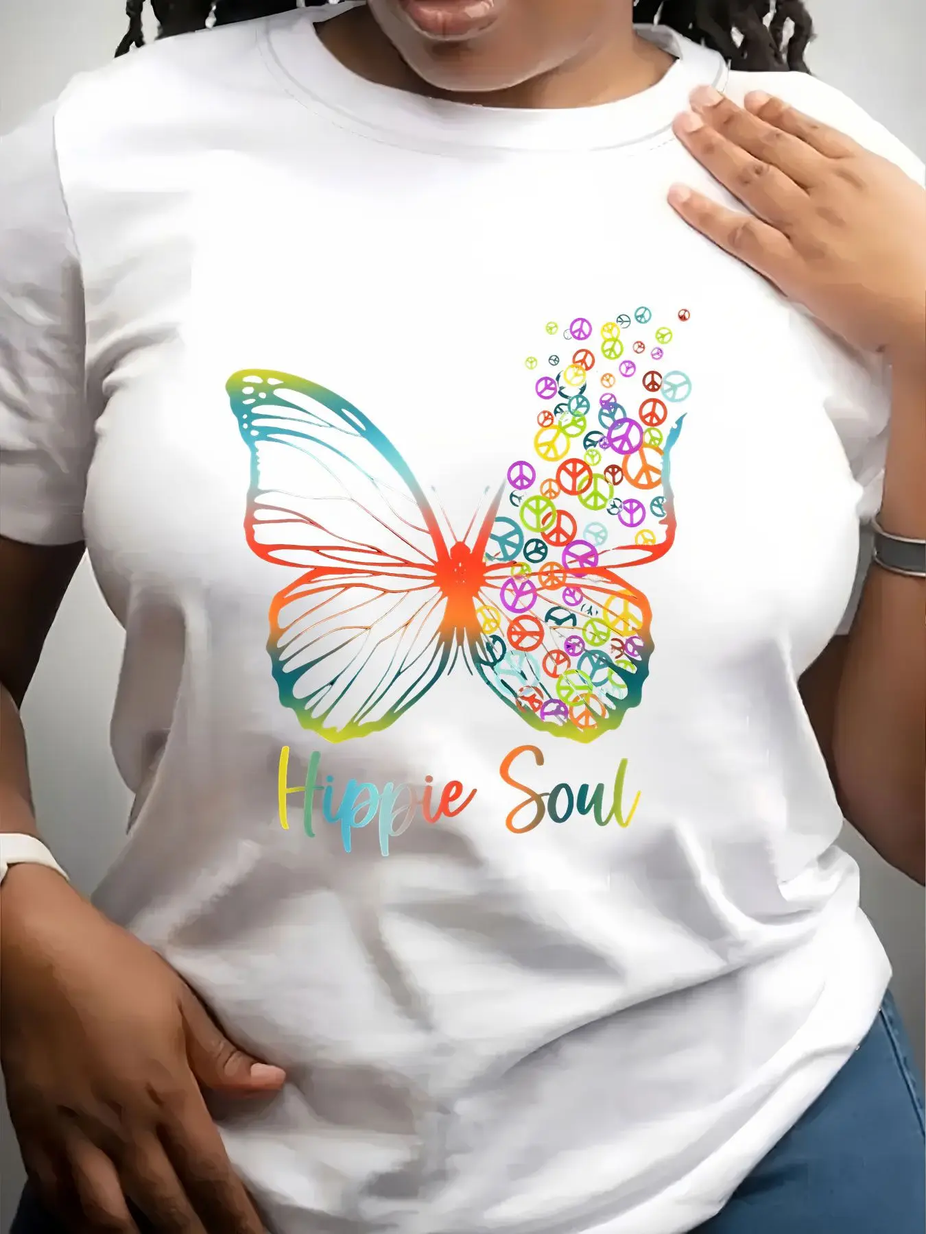 Women's Trendy Crew Neck T-Shirt Rainbow Butterfly Peace Sign Hippie Soul Suitable for Casual Sportswear