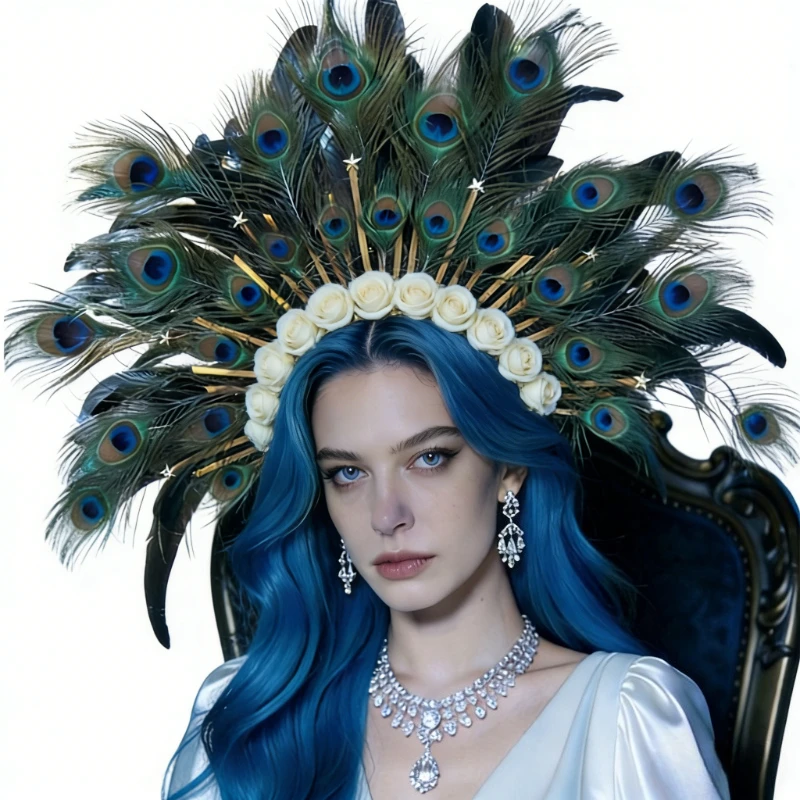 Corona de plumas de pavo real de lujo con rosas sobre base dorada con efecto de rayos de sol, para Coachella, Rave, Carnaval o sesiones de fotos de fiestas Gatsby de los años 20