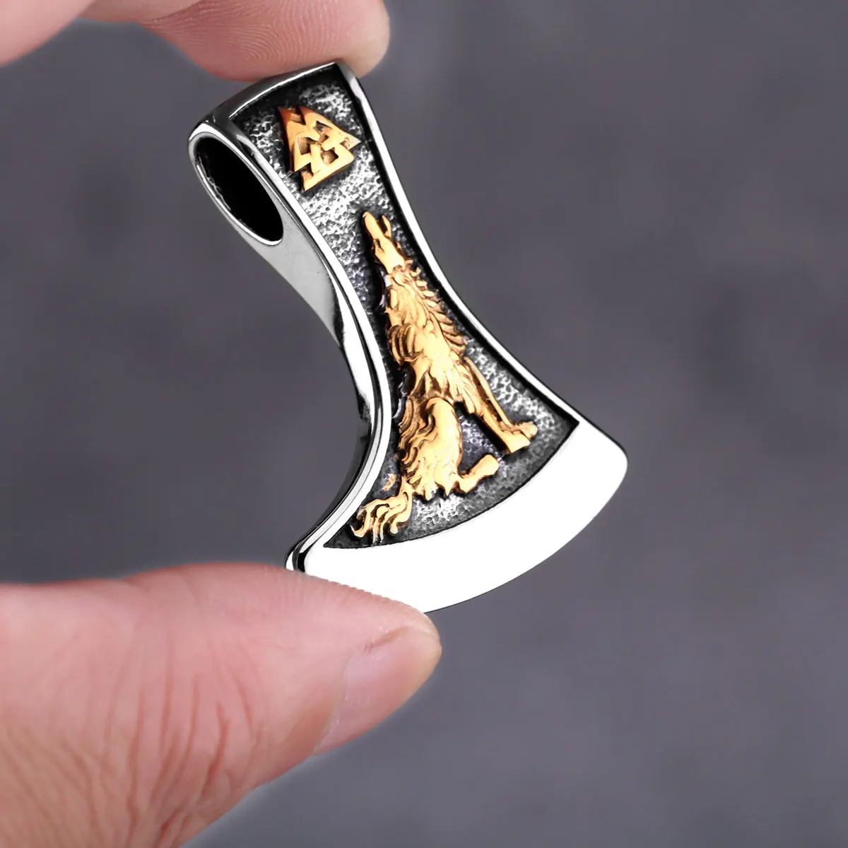 Vintage Viking Double Sided Axe Wolf and Crow Men Necklace Fashion Hip Hop Biker Pendant Stainless Steel Jewelry Gift Wholesale