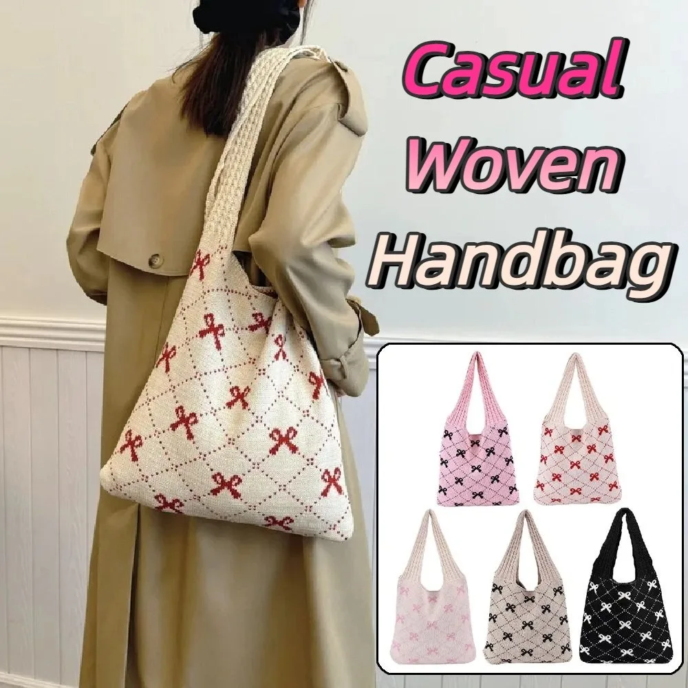 

Large Capacity Bow Knitting Shoulder Bag Sweet Spacious Casual Woven Handbag Eco-Friendly Portable Sundries Storage Bag Girls