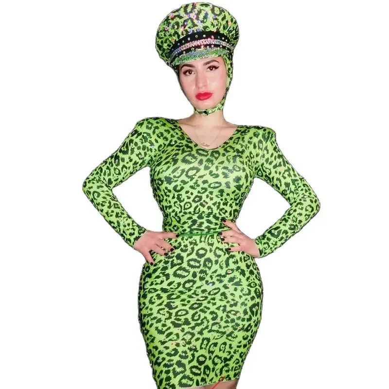 الأخضر ليوبارد الراين فستان قبعة المرأة فساتين السهرة الحفلات مرحلة مهرجان الزي ملابس الجاز سحب الملكة زي XS6370
