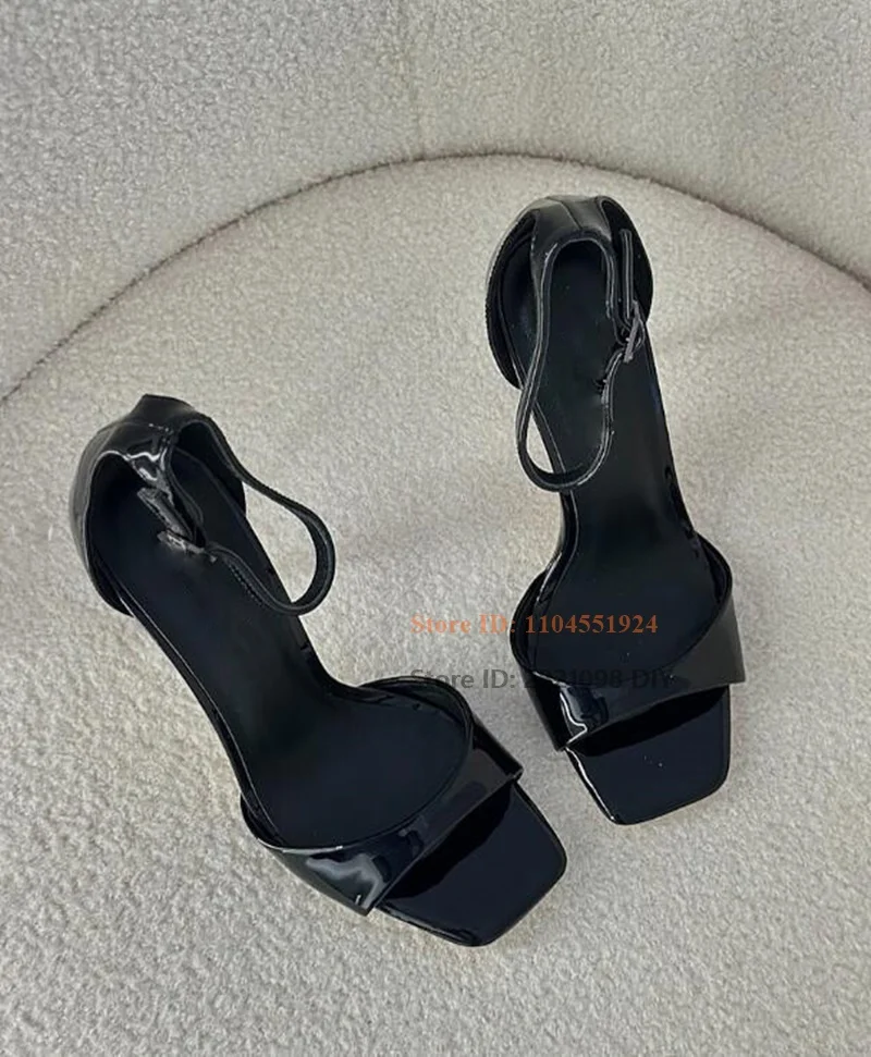 Black Stiletto Heeled Patent Leather Sandals Female Square Toed Belt Straps Open Toe Thin High Heel New Sexy Women's Shoes view 4