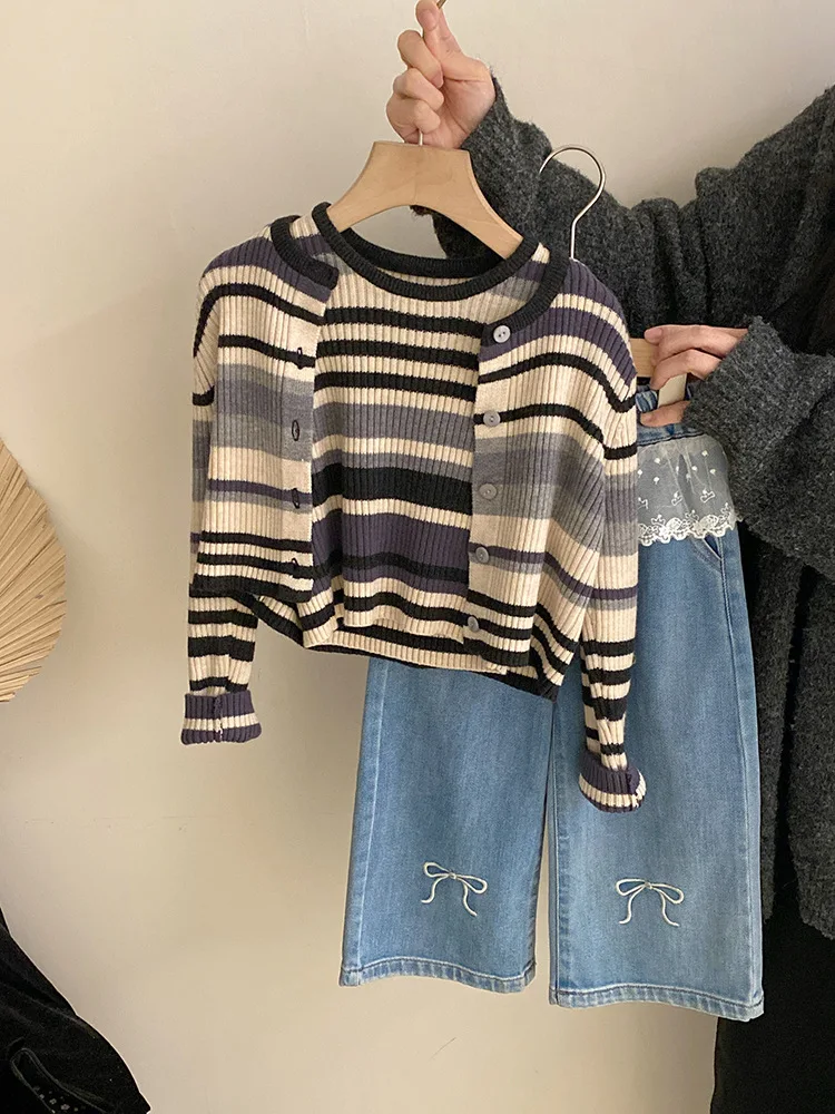 

Girls' spring suits2025New Striped Cardigan Vest with Bowknot and Jeans Trendy Three-Piece Set