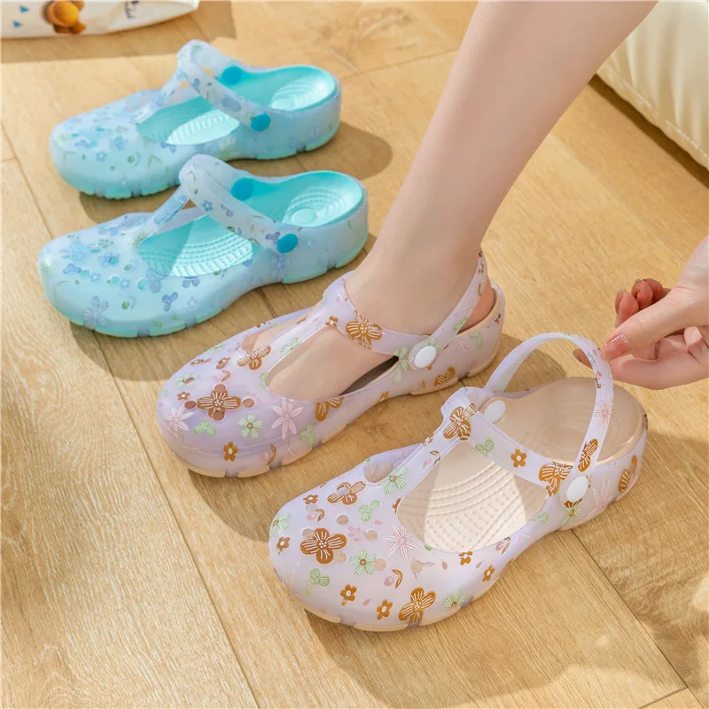 36-40 Womens Mules & Clogs Female Jelly Sandals Summer Flat Heel Print Fashion Non-slip Beach Slippers Ladies Garden Shoes