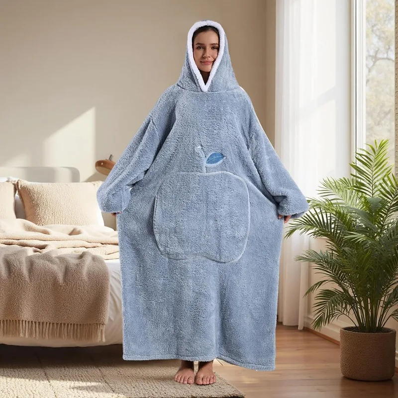 Extra Long Wearable Winter Flannel Hooded Blanket with Full Sleeves Warmth-Locking Cozy Throw for Men Women Adult TV & Winter