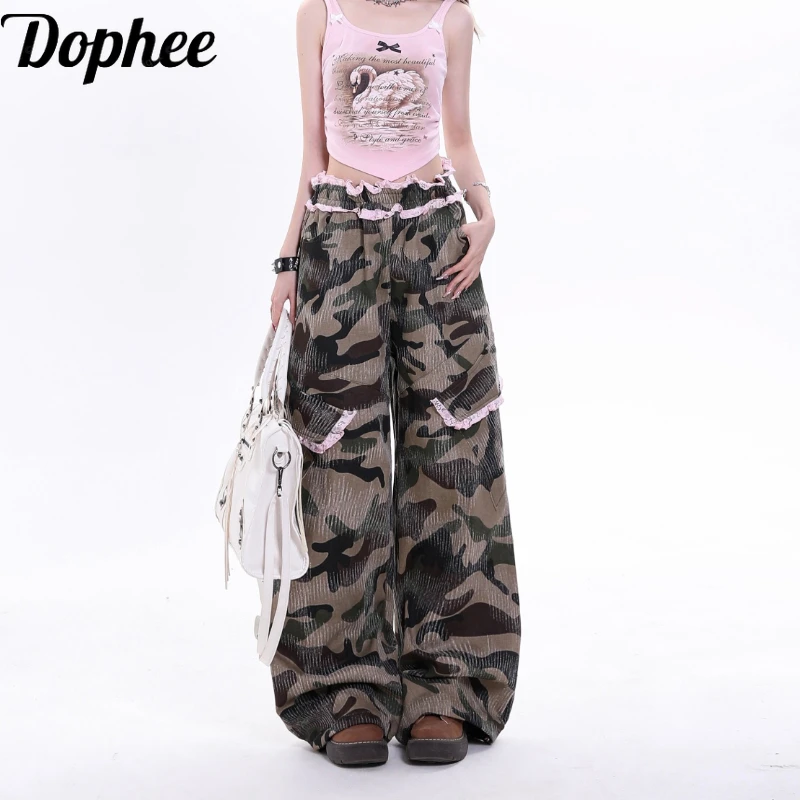 

Dophee Camouflage Cargo Pants New Spring Summer Spice Girls American High Street Lace Splicing Casual Straight Dance Trousers