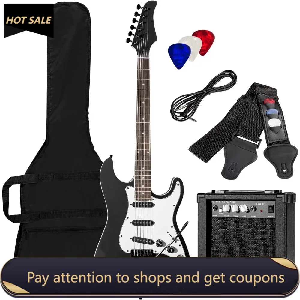 39in Full Size Beginner Electric Guitar Starter Kit w/Case, Strap, 10W Amp, Strings, Pick, Tremolo Bar - Jet Black Freight free