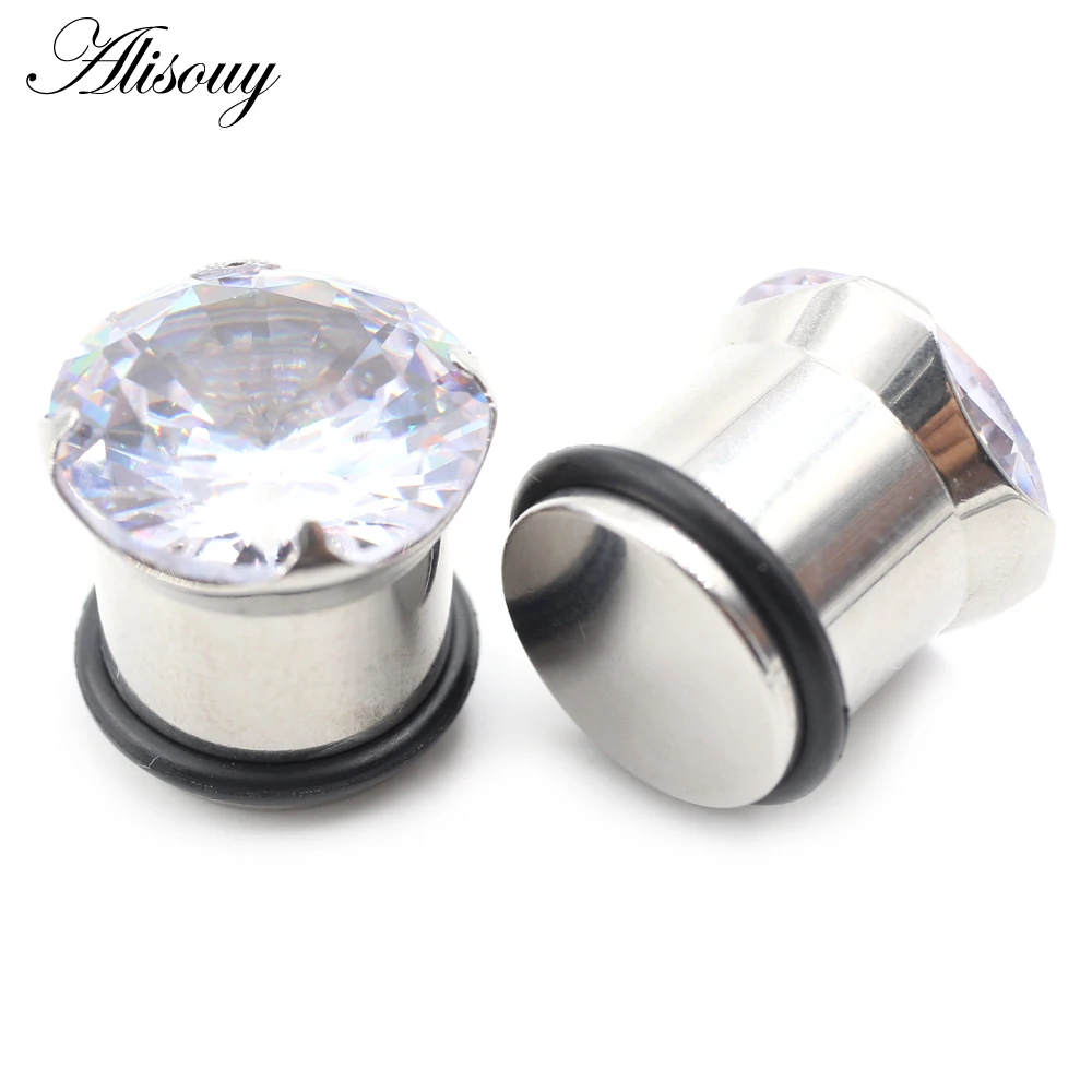 2Pieces Fashion Titanium Solid Zircon Single Flared Ear Tunnel Plugs Expander Stretcher Gauges Earring Piercing Body Jewelry