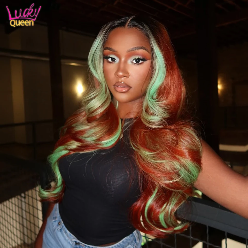 

Mint Green with Orange HL 613Colorful Wigs Brazilian Human Remy Hair 13X4180Density 13X6 Lace Frontal Transparent Lace For Women