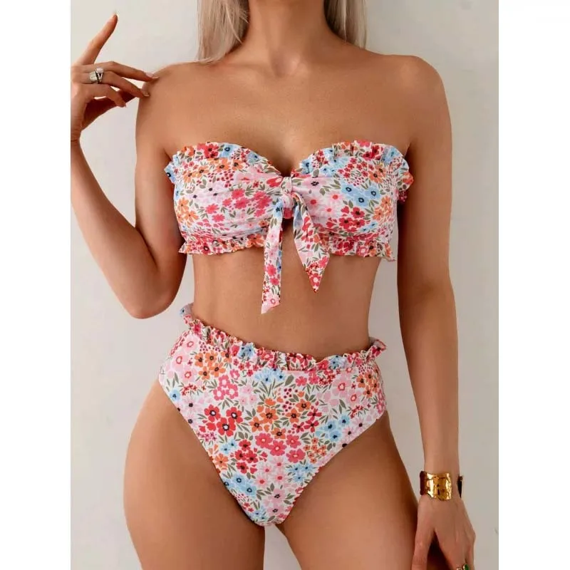 Women's Paneled Printed Swimsuit Ladies Fashion Sexy Triangular High Waist Swimsuit Two-Piece Set V-Neck Bathing Suits Female