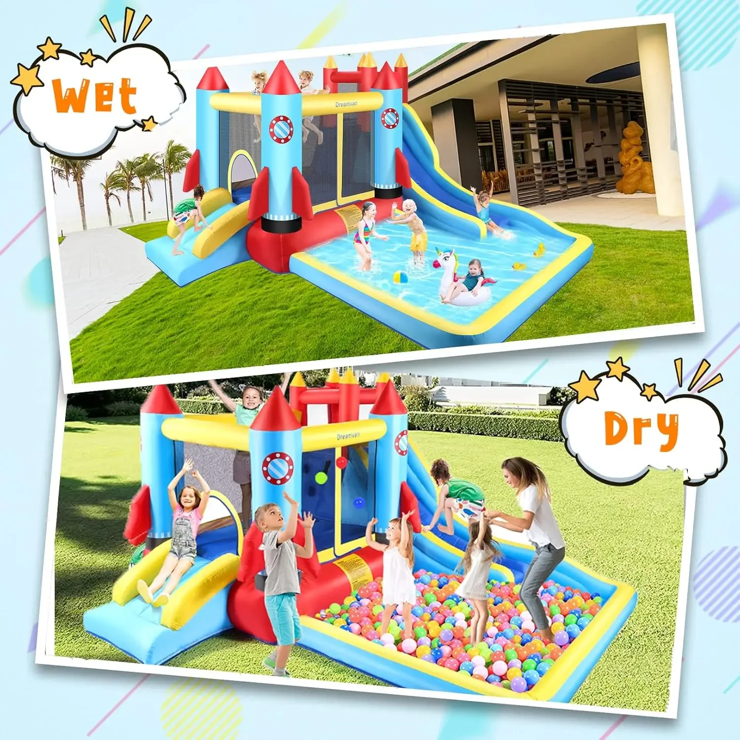 Kids 146 x 132 x 82 inch, Indoor/Outdoor Bouncy House with Large Splashing Pool, Bouncing Area