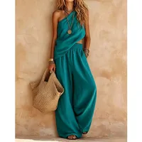 Summer Women 2 Piece Set Slant Collar Asymmetrical Sleeveless Top Bare Midriff Long Pants Solid-colored Loose Wide Leg Pants Set