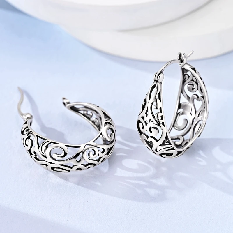925 Sterling Silver Earrings Women Zirconium Vintage Vine Openwork Hoop Earring For Anniversary Wedding Jewelry Gifts