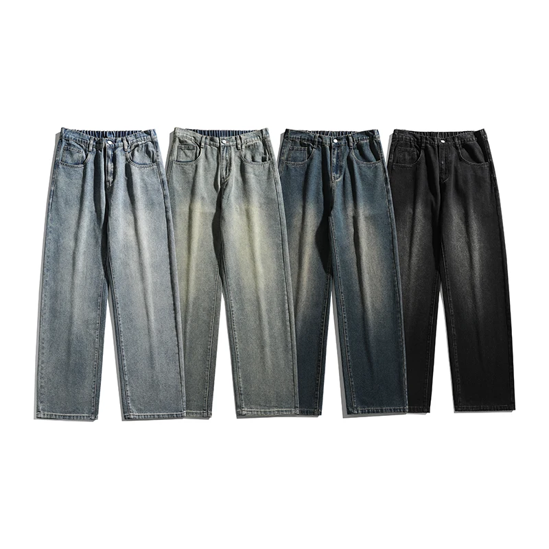 Y2K American High Street Hong Kong Style Basic Straight Jeans Men Women Distressed Washed Simple Versatile Baggy Casual Denim Tr