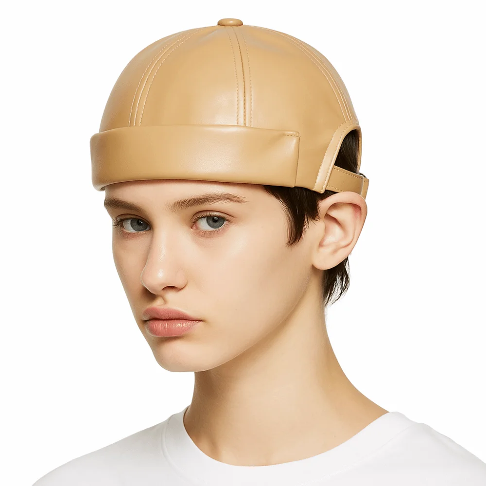 Casual Retro Brimless Hat Solid Color PU Leather Melon Skin Caps Adjustable Docker Cap Unisex