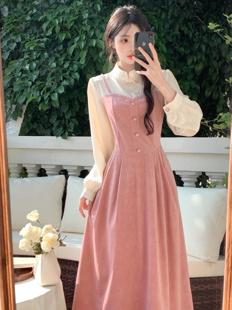 

Plus Size Women's Vintage French Shirt Neck Pink Halter Dress Premium Feeling Temperament Fairy Tea Break Dresses