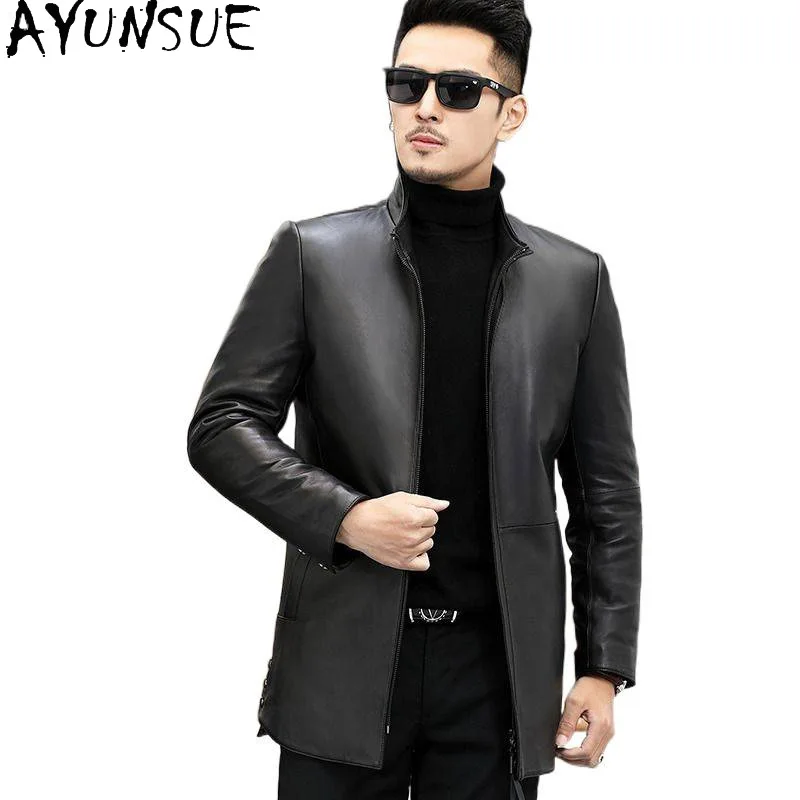 

AYUNSUE пуховик из натуральной овчины, мужской зимний пуховик с капюшоном, теплые пуховики, осенне-зимние мужские куртки средней длины из натуральной кожи