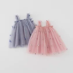 New Baby Girl Clothes Solid Colour Sweet Butterfly Decorated Mesh Sling Baby Girl Dress Birthday Party Cute Princess Puffy Dress