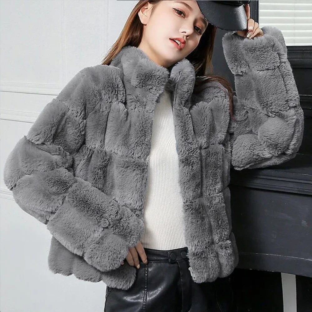 Autumn Winter Fashion Faux Fur Coat Rex Rabbit Fur Coat Long Sleeve Thicken Keep Warm Elegant Luxury Pile Coat High Quality New