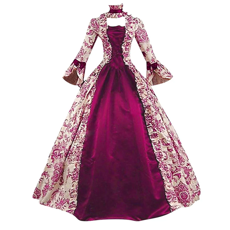 Womens Vintage Ball Gown Victorian-style Bell-Sleeve Princess Dress with Ruffles Long Printed Dress for Halloween and Carnival view 5
