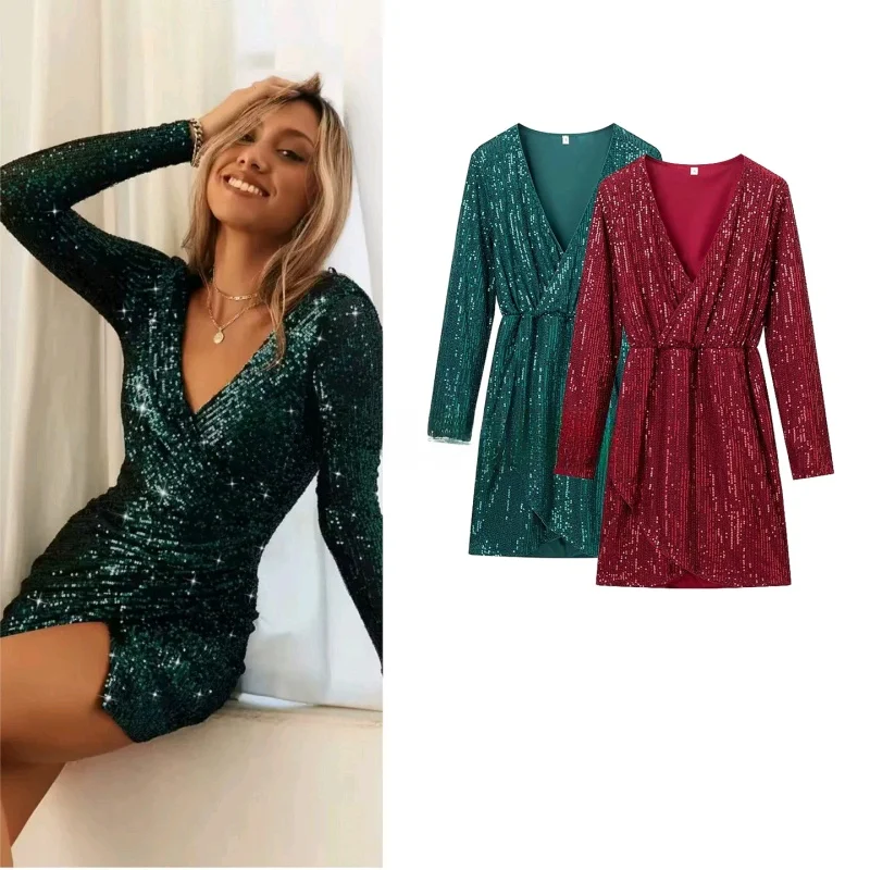 

Сексуальное облегающее платье с длинными атлассами и глубоким V-образным вырезом, сверкающее полиэстеровое зимнее поступление, женское платье Ci Commute Dr