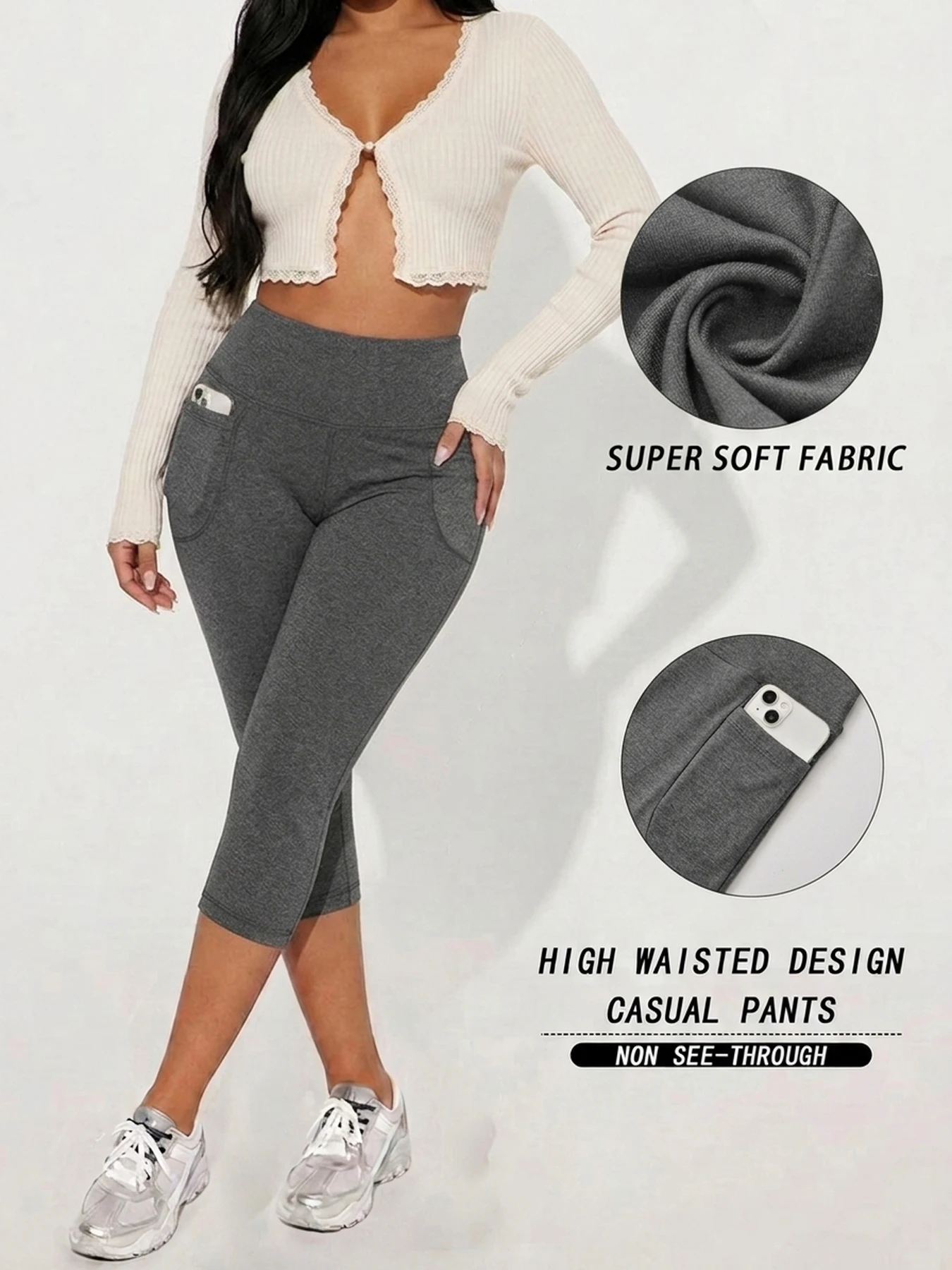 Hochgeschnittene Caprihosen für Damen mit Taschen, Superweiche Bauchkontrolle Workout-Lauf-Yoga-Sportleggings – Detail 8