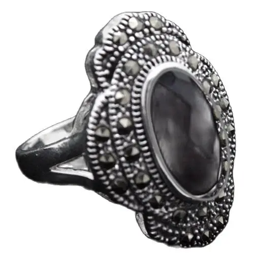 24*16mm 925 Sterling Silver Natural Black Faceted  Marcasite Ring Size: 7/8/9/10