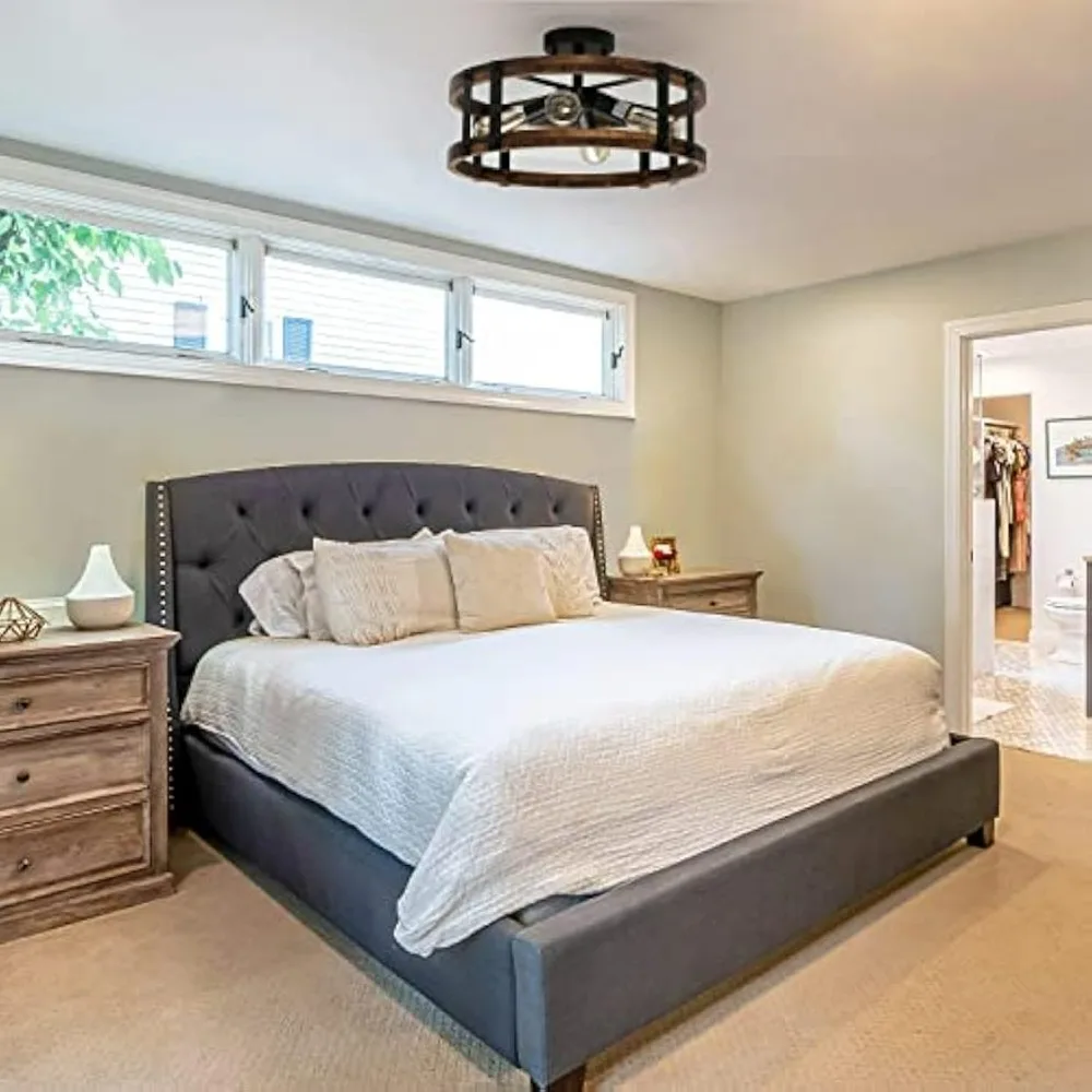 مصباح سقف شبه متساطح على طراز المزرعة الحديثة، تركيبات لظل الطبل الخشبي، إضاءة ريفية لمدخل المدخل #5