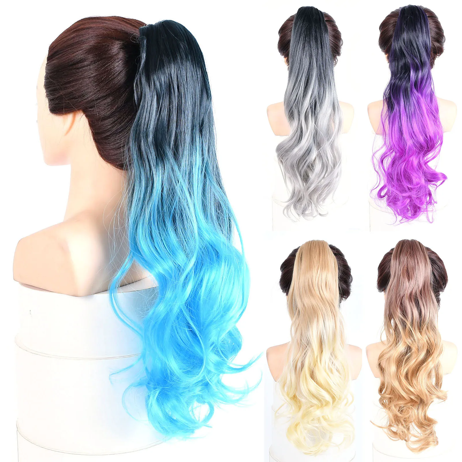 Ponytail Hair Extensions Rainbow Ombre Color Long Wavy Synthetic Fake Hair Ponytails Claw Clip for Women Party Cosplay