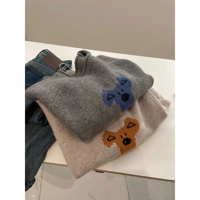 겨울철 여성용 한국 만화 곰 자카드 스웨터, 루즈핏 슬림 라운드넥 풀오버 니트 상의