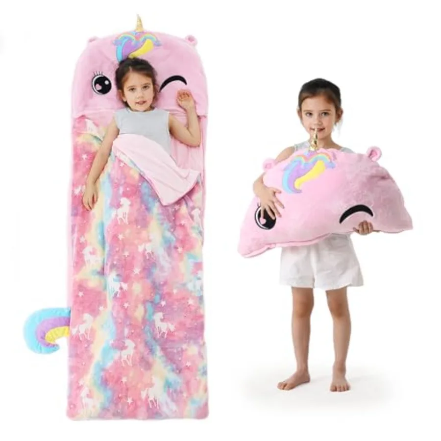 

Sleeping Bag Plush Toddler Slumber Bag 2-in-1 Pillow Soft Sleeping Bag Nap Mats for Preschool Daycare Travel Gift Ages 3-12