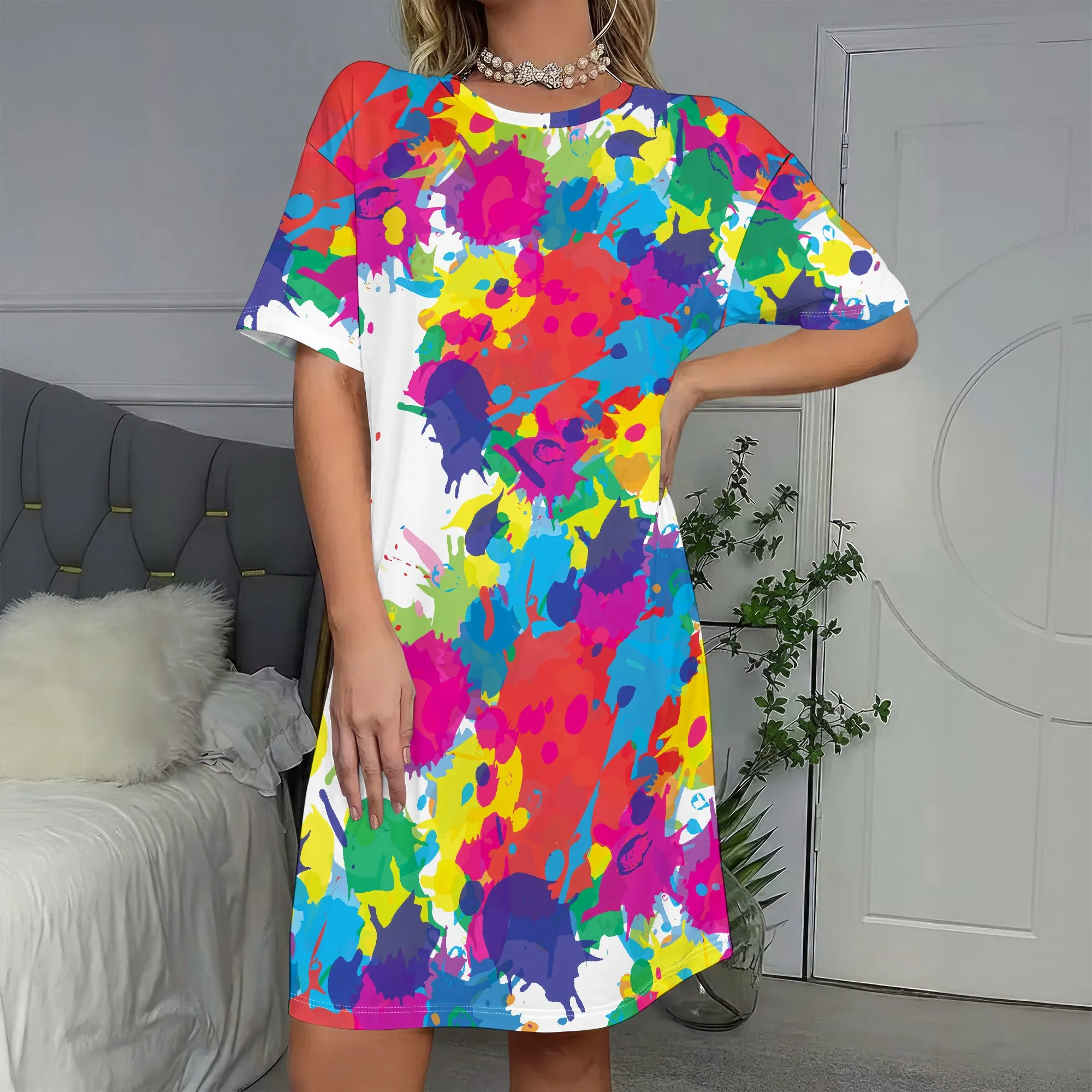 

Vibrant Paint Splatter Short Sleeve Dress, Colorful Abstract Print T-Shirt Dress, Casual Loose Fit Sundress for Women, S-2XL