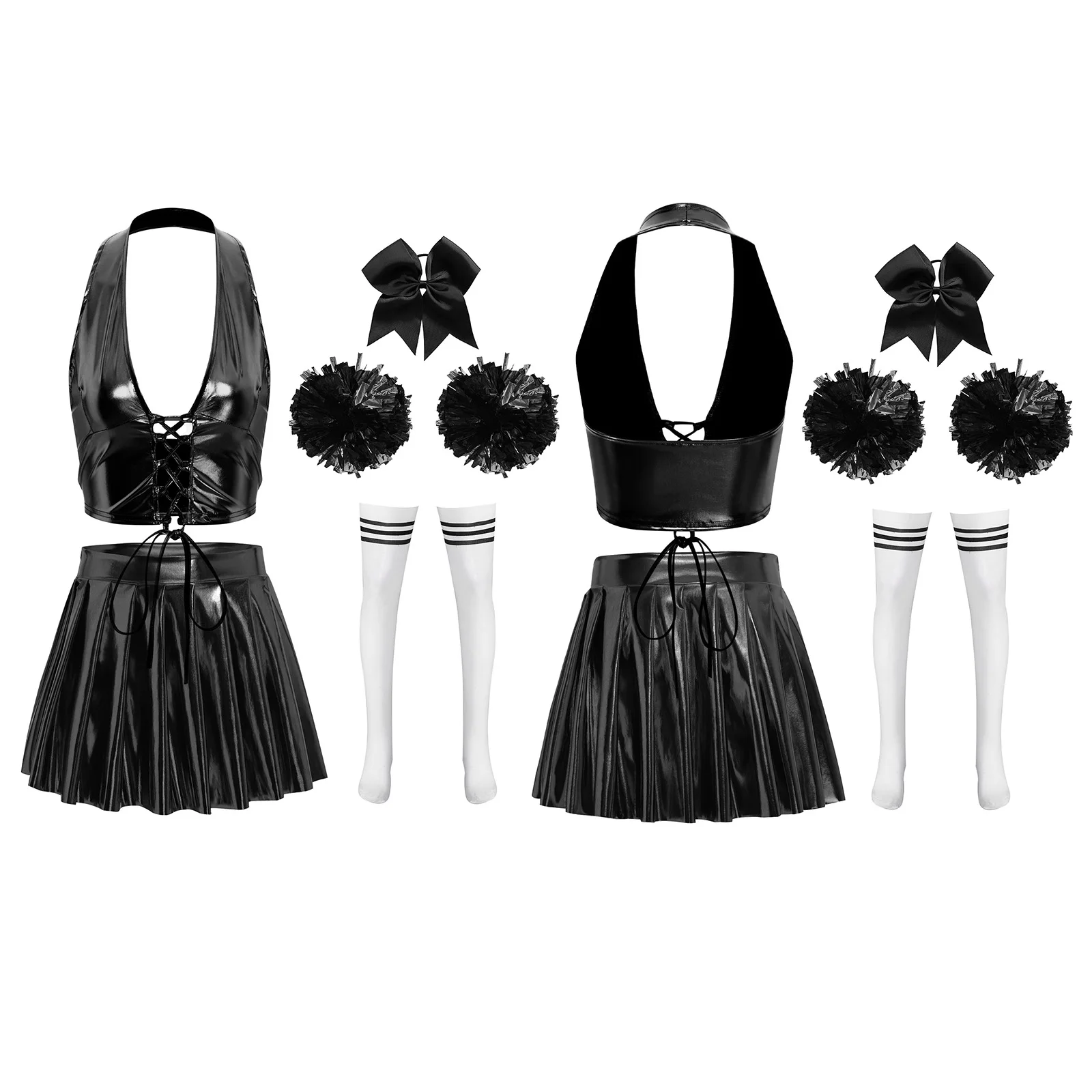 Tenue de pom-pom girl pour femmes, haut court à lacets, col licou, mini-jupe plissée, nœud papillon, boucle de cheveux, boules de fleurs et bas