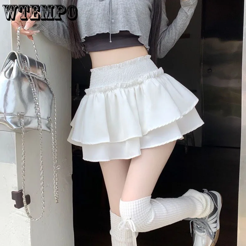 White Ballet Style Skirt Elastic High Waist Folds Design Hotsweet Women's Fluffy Cake Skirt Built in Shorts Pure Desire Hottie