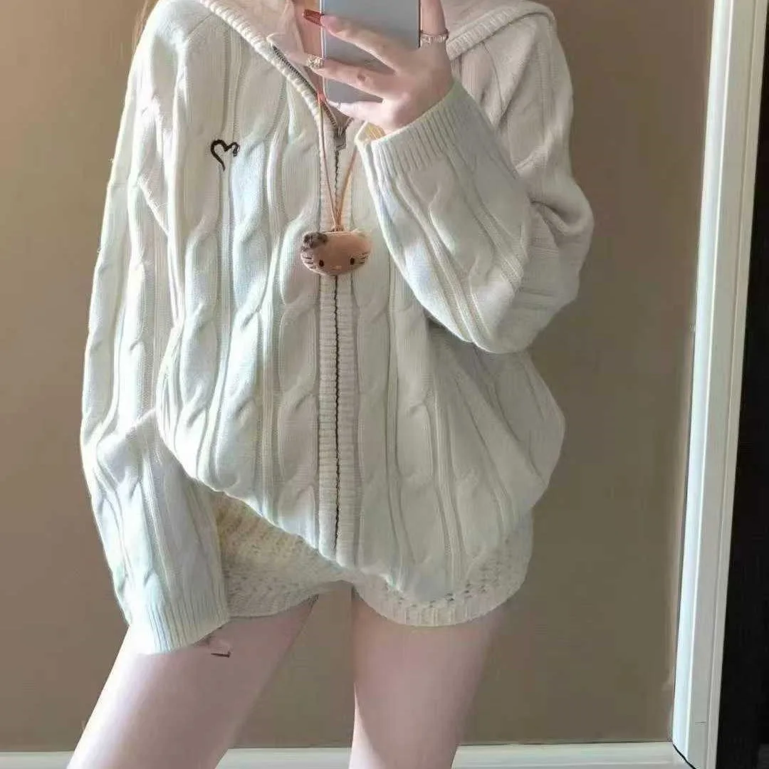 Hooded Cable Knit Zipper Cardigan Women Heart Embroidery Long Sleeve Loose Fit Warm Sweater Jacket