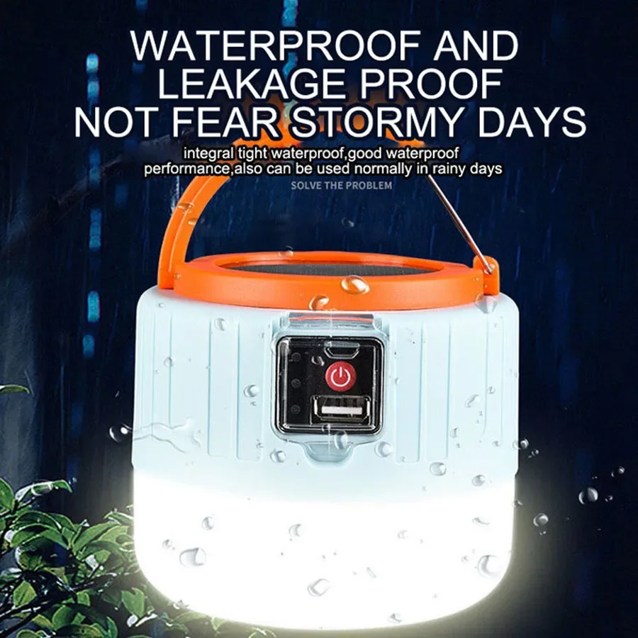 Super Bright LED Solar Camping Light Outdoor Waterproof Tent Lamp USB Rechargeable Portable Emergency Night Light for BBQ Hiking