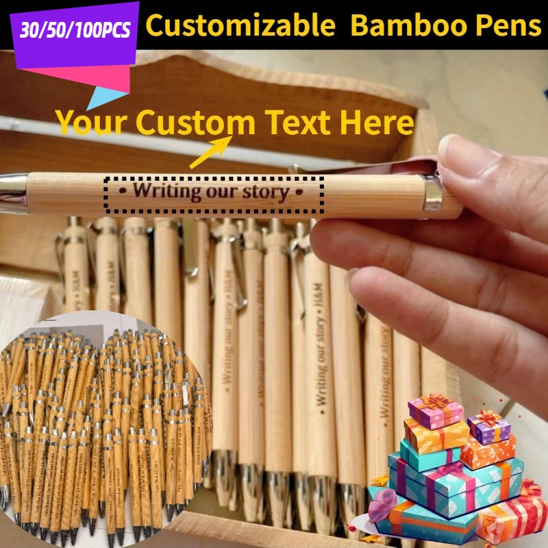 

30/50/100PCS Customizable Retractable Bamboo Pens Premium Ballpoint for Smooth Writing | Ideal for Offices Schools Journals Art