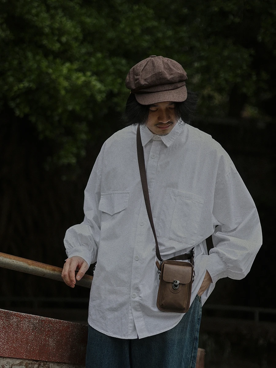 

Retro Long Sleeve Loose Fit Shirt Youth Casual Style Men's Fashion Spring Season Pure Color Japanese Style Lantern Sleeve