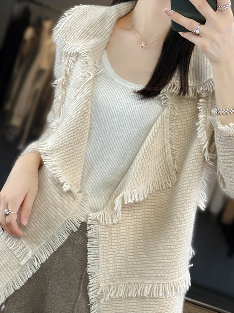 Women\'s Clothing Tassel Coat 100% Merino Wool Suit Collar Cardigan 2023 Autumn/ Winter Small Fragrance Coat Top Fashion Korean