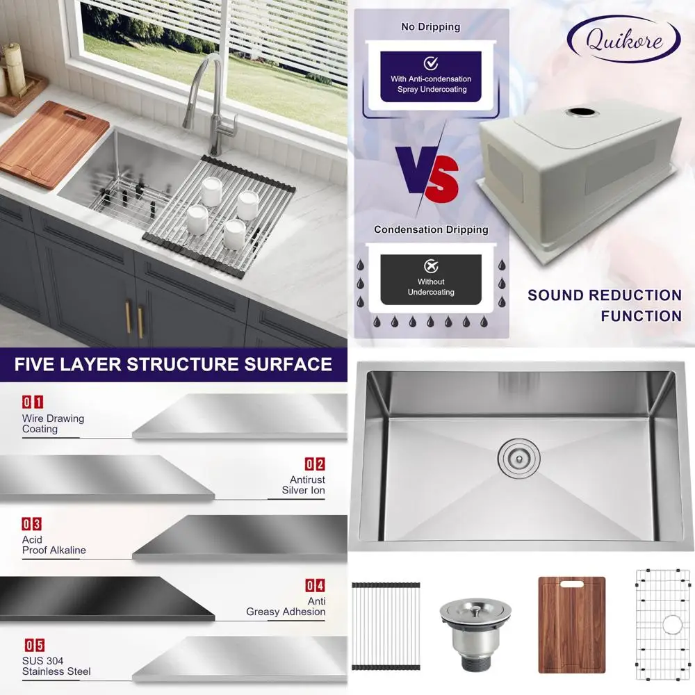 حوض مطبخ فردي من الفولاذ المقاوم للصدأ مقاس 30 بوصة - مقاس 16 بوصة، عميق، واسع، مصنوع يدويًا مع الملحقات #1