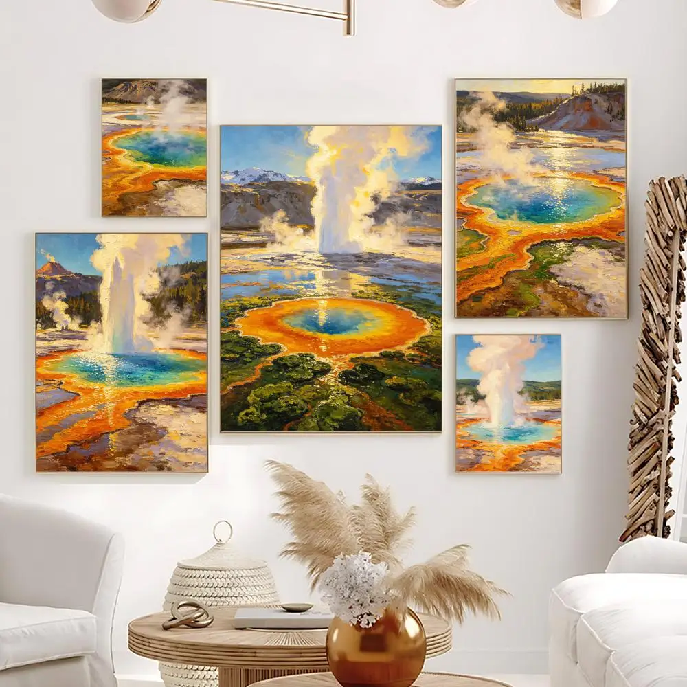 Yellowstone Hot Springs Poster HD Self-Adhesive Waterproof Frameless Wall Art for Home Office Dorm Bedroom Ideal Gift