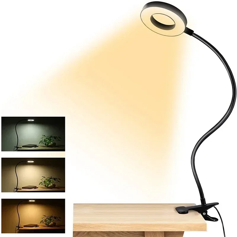 Creative 360 ° Flexible Gooseneck Clip Lamp LED Eye Protection Stepless Dimming  3 Color Modes 10 Brightness Reading Book Lamp