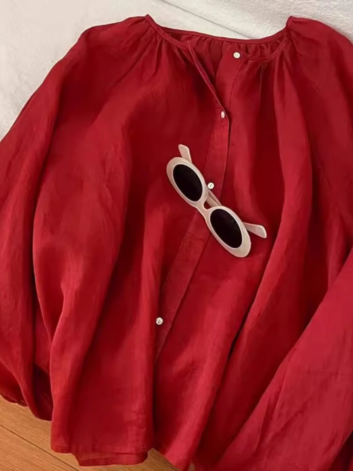 

Ele Pure Color Silk irt Women's Faion Simple Design Sun Protection Top Loose Fit Long Sve Button up