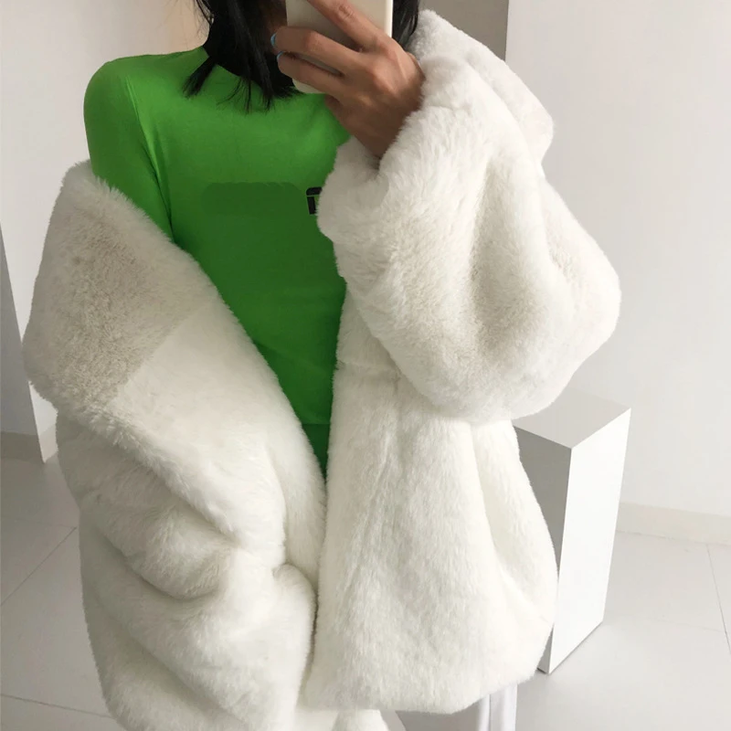 Elegant White Fur Coat Women Winter Thick Warm Fluffy Faux Fur Jacket Long Sleeve Furry Fur Cardigan Winter Outfits For Lady