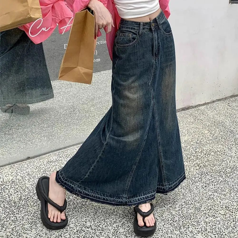 

High-waist Women Skirt Retro Denim Maxi Skirt with A-line Silhouette High Waist Ripped Edge Women's Ankle Length Solid Color