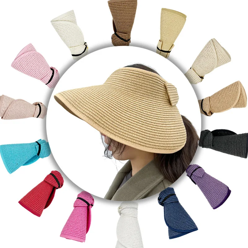 New Women Summer Visors Hat Foldable Wide Large Brim Bowknot Empty Top Straw Hats  chapeau femme Beach UV Protection Caps